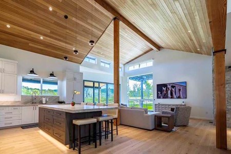Modern kitchen with shiplap ceiling application