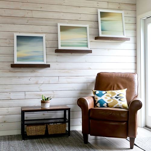 Charred Smoke White shiplap wall with picture frames and leather chair