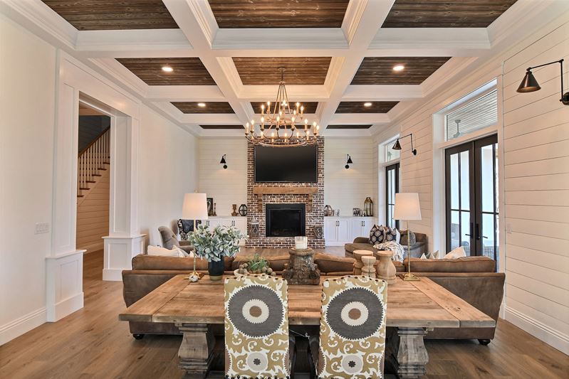 Modern living room and fireplace with UFP-Edge ash gray charred wood shiplap ceiling application