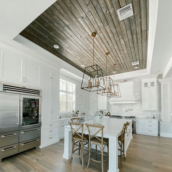 Charred Wood Ash Gray shiplap white farmhouse kitchen ceiling inlay