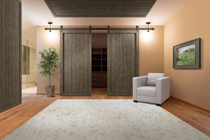 Rustic barn wood shiplap sliding barn doors in dark brown