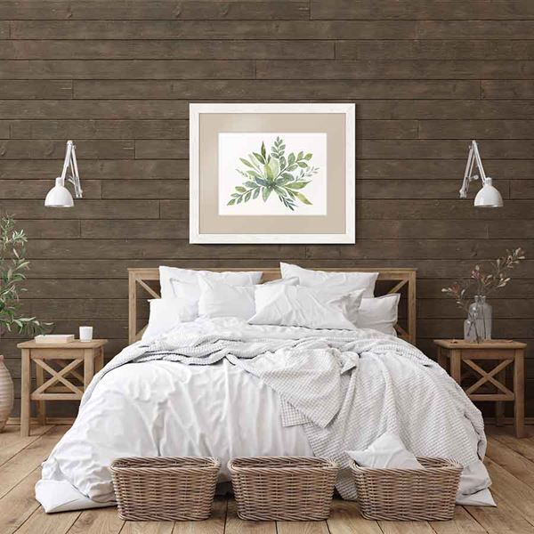 Rustic Dark Brown shiplap Scandinavian-inspired bedroom with art and lights