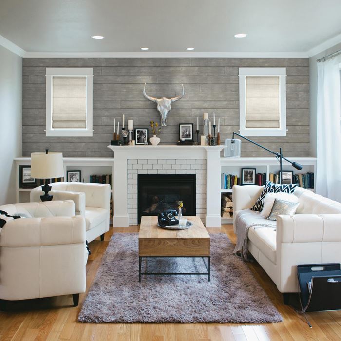 Rustic gallery gray fireplace in living room