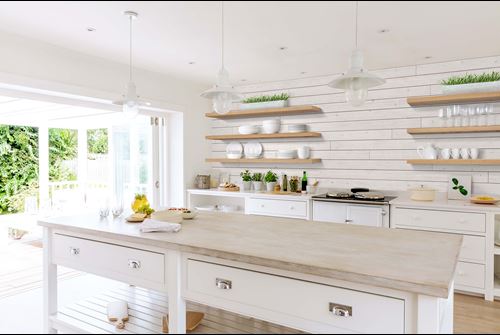 Rustic White Shiplap Kitchen Open Shelves