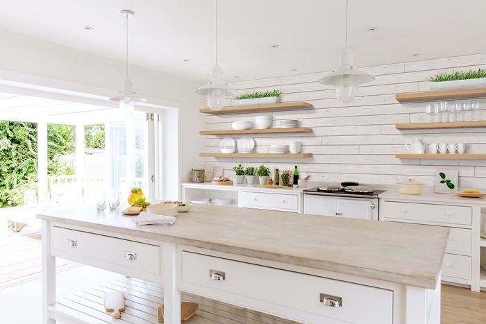 Rustic White Shiplap Kitchen Open Shelves