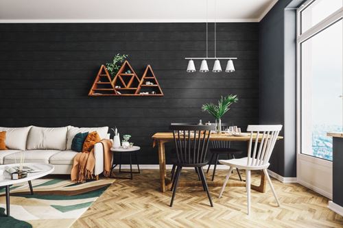 Rustic Charcoal black shiplap on living dining room wall with wood wall art