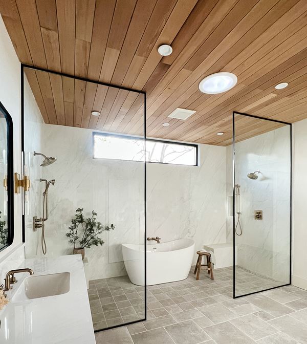 Remodeled bathroom with UFP-Edge thermally modified wood collection VG Hemlock shiplap ceiling application