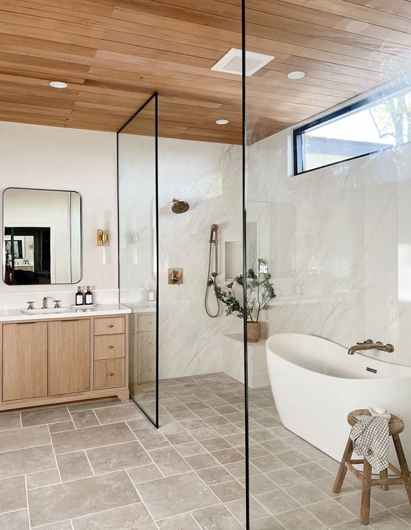 Remodeled bathroom with UFP-Edge thermally modified wood collection VG Hemlock shiplap ceiling application