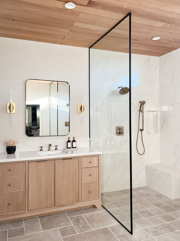 Modern bathroom with UFP-Edge VG Hemlock brown thermally modified wood collection shiplap ceiling application
