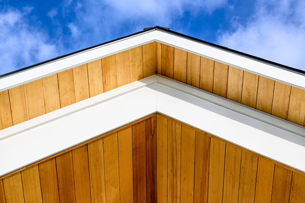 Modern home and covered porch with UFP-Edge thermally modified wood collection VG Hemlock ceiling application