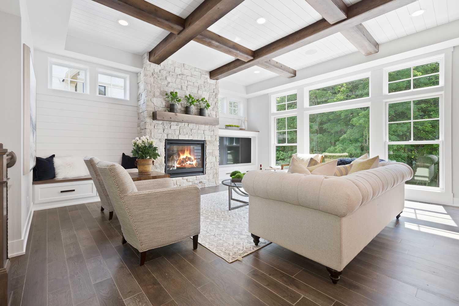 Prepainted Timeless Farmhouse White shiplap wall and ceiling living room light airy stone fireplace