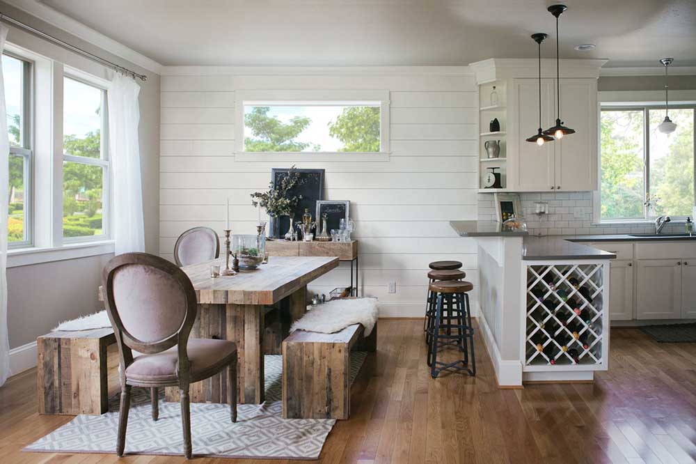 Timeless Farmhouse White shiplap dining room and kitchen 