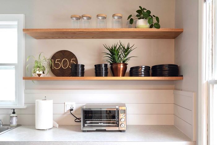 Timeless Farmhouse White Shiplap Open Shelf Kitchen and Counter Top 