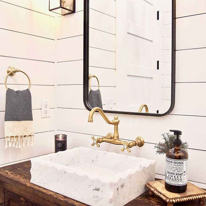 Timless shiplap powder bath walls vanity