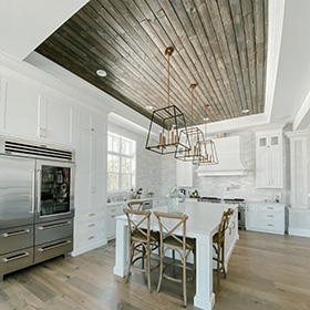 Modern kitchen with gray charred wood shiplap ceiling application