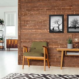Hallway chair with canyon brown charred wood shiplap accent wall