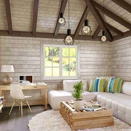 Living room area with smoke white charred wood shiplap accent wall