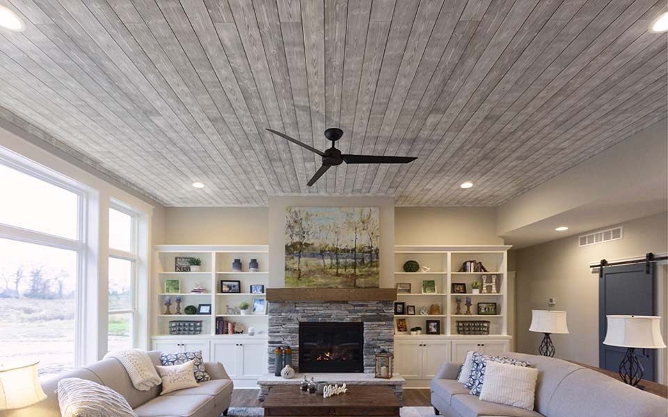 UFP-Edge smoke white charred ceiling in modern living room with fireplace