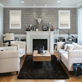 Modern living room with gray rustic shiplap accent wall