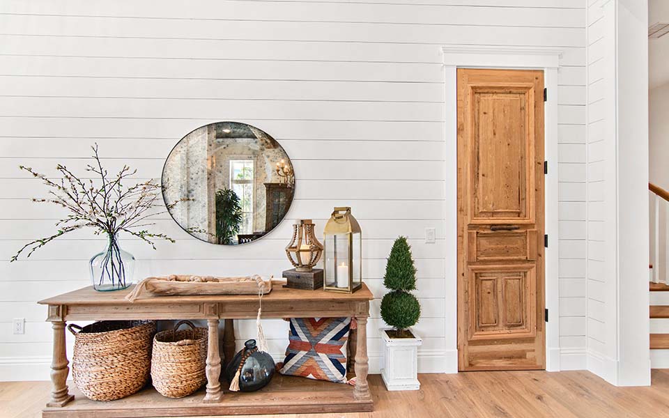 Doorway with UFP-Edge farmhouse white shiplap cladded wall