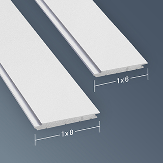 The ends of two Timeless shiplap boards showing the width difference between 1x6 and 1x8