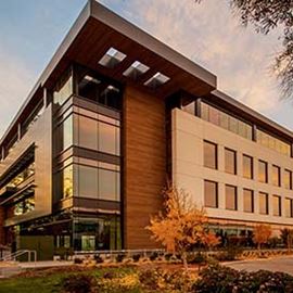 Modern office building with UFP-Edge thermally modified wood collection VG Hemlock siding
