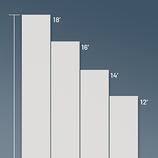 Smooth premium primed trim boards showing varying length from twelve to twenty feet 