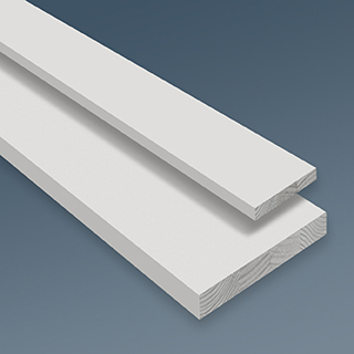 Two different sizes of Premium Primed smooth trim boards stacked