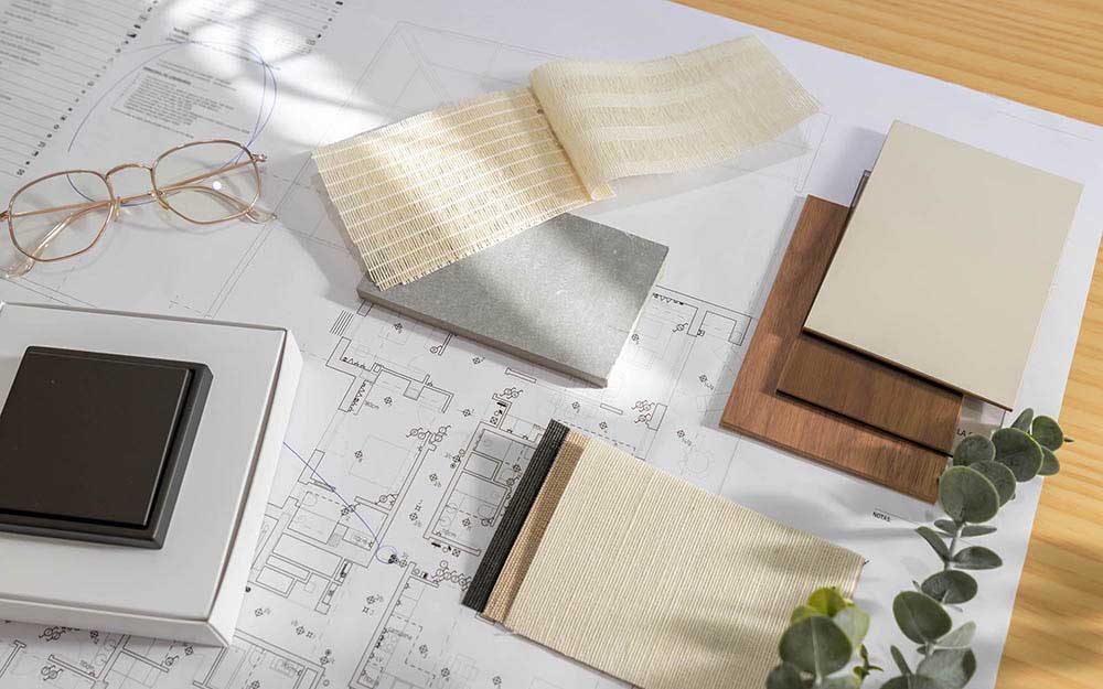 Designer specifier mood board blueprint with wood samples 