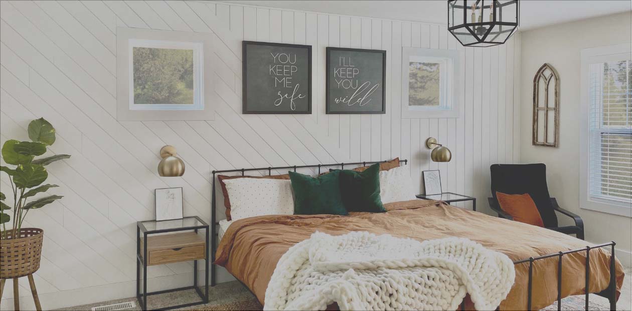 Timeless Farmhouse White shiplap diagonal wall modern bedroom 