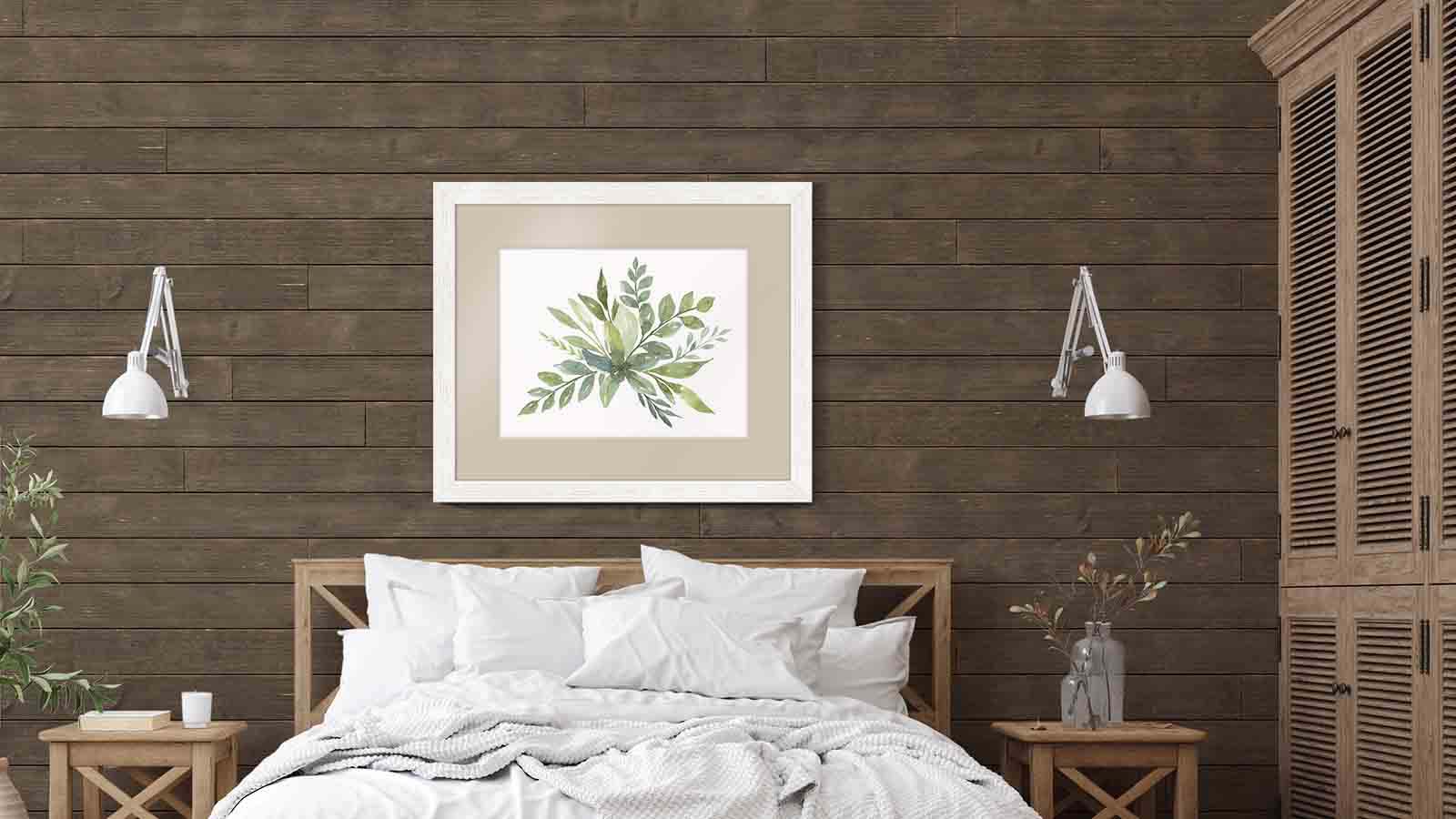 Rustic Dark Brown shiplap Scandinavian bedroom  with art and lights