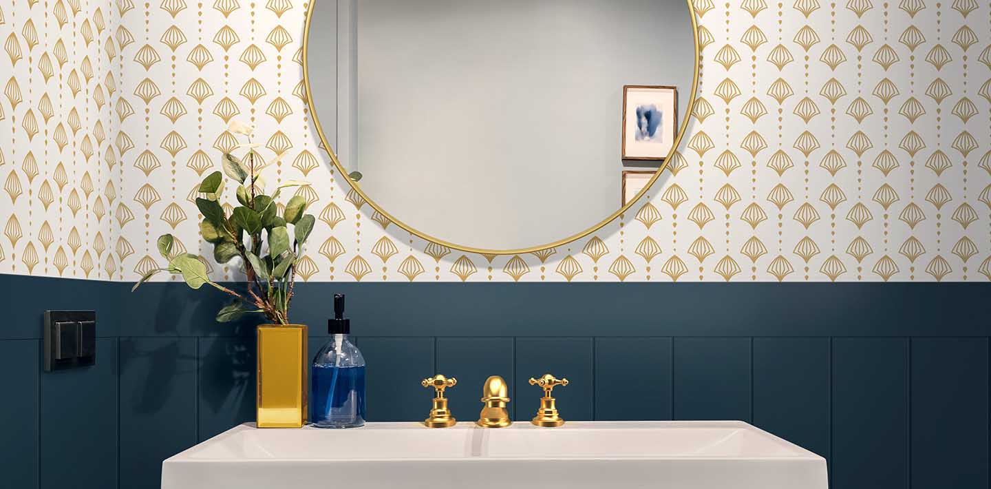 Timeless Blue Shiplap bathroom with gold wallpaper