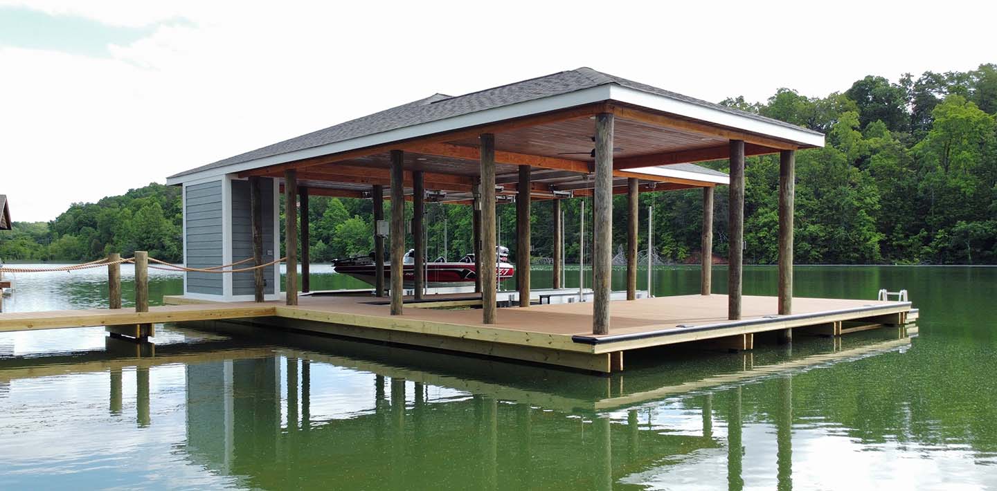Dock out in the water featuring UFP-Edge Thermally Modified Wood Cladding on the ceiling
