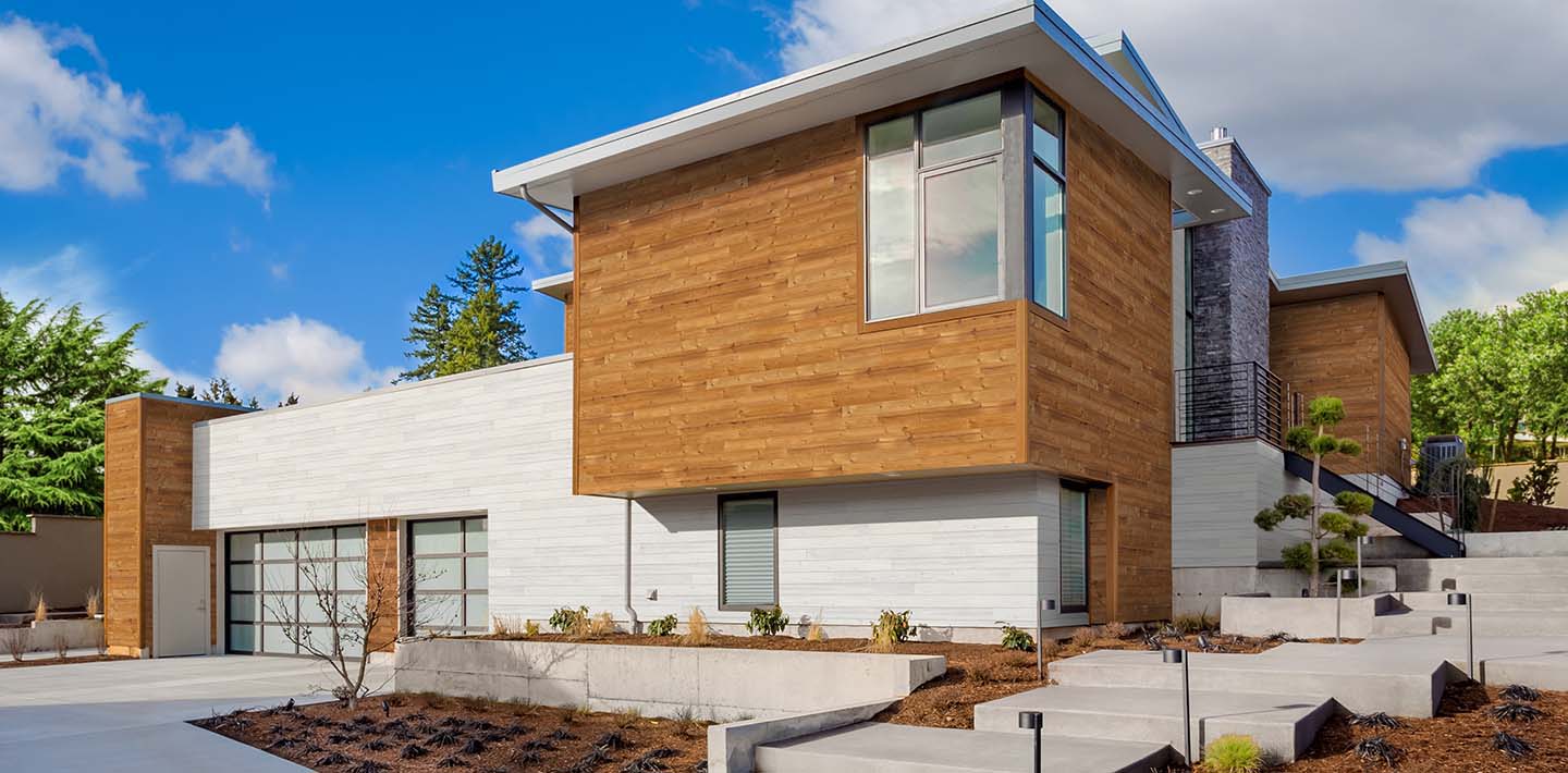 Modern Exterior Wood Cladding Thermally Modified Prefinished Glacier and Natural Siding