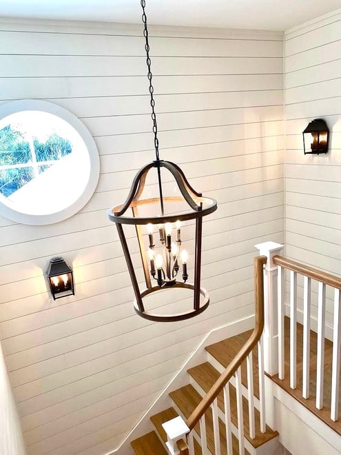 StaircaseShiplapWallsTimelessChandalier