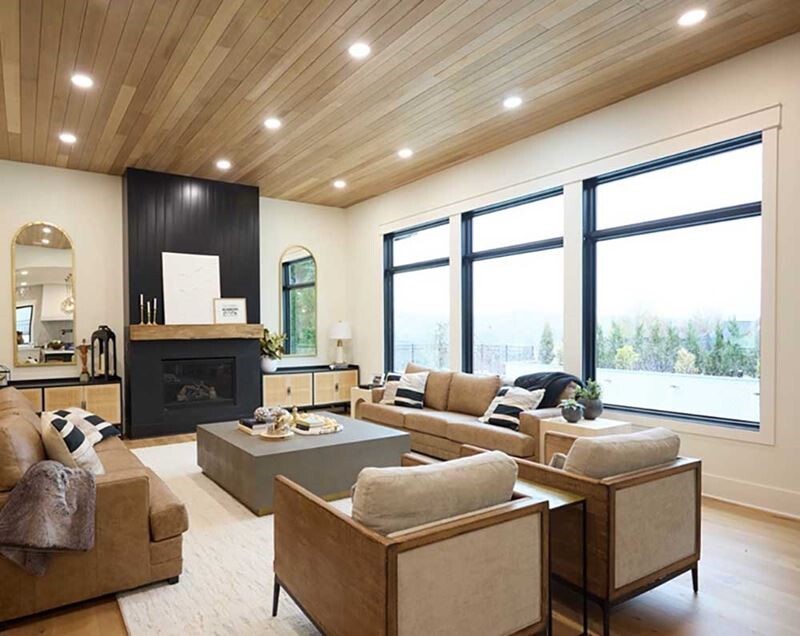 Knoxville Dream House living room interior light and airy VG Hemlock wood ceiling and black shiplap fireplace, Picture